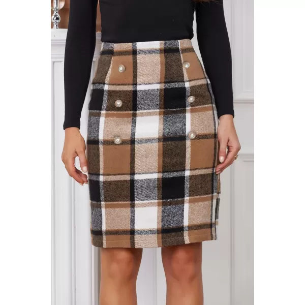 IDEALSANXUN Womens Plaid Pencil Skirts Fall Winter Double Button Knee Length Wool Skirt with Back SlitBrown New