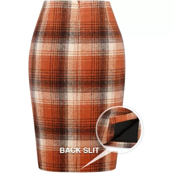 IDEALSANXUN Womens Plaid Pencil Skirts Fall Winter Double Button Knee Length Wool Skirt with Back SlitOrange