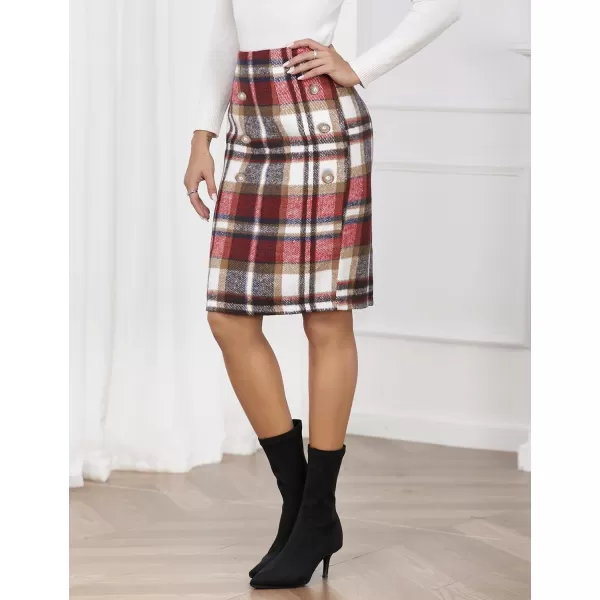 IDEALSANXUN Womens Plaid Pencil Skirts Fall Winter Double Button Knee Length Wool Skirt with Back SlitWine