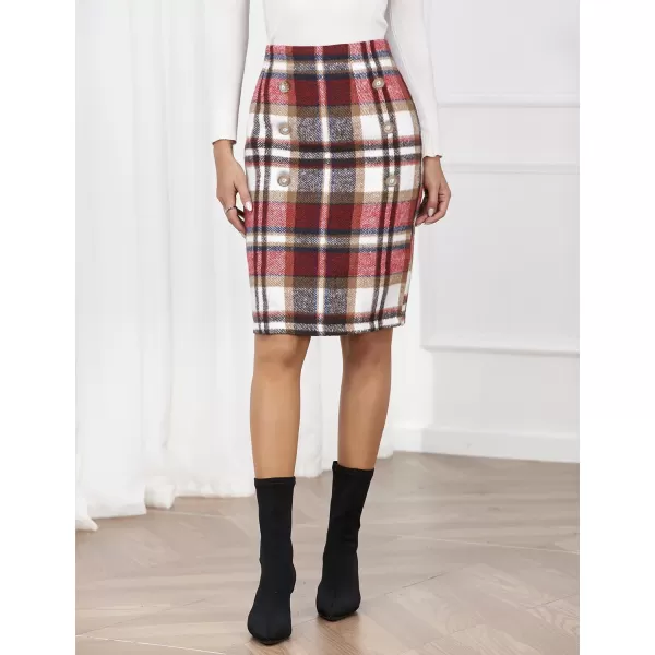 IDEALSANXUN Womens Plaid Pencil Skirts Fall Winter Double Button Knee Length Wool Skirt with Back SlitWine