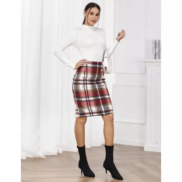 IDEALSANXUN Womens Plaid Pencil Skirts Fall Winter Double Button Knee Length Wool Skirt with Back SlitWine