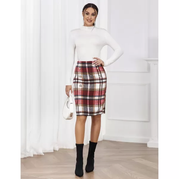 IDEALSANXUN Womens Plaid Pencil Skirts Fall Winter Double Button Knee Length Wool Skirt with Back SlitWine