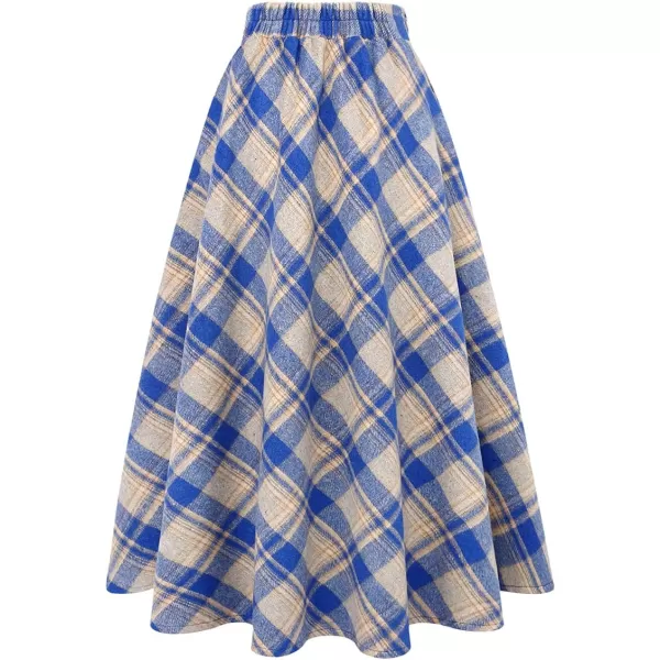 IDEALSANXUN Womens Plaid Wool Skirts Elastic Waist ALine Pleated Tartan Long SkirtsBlue