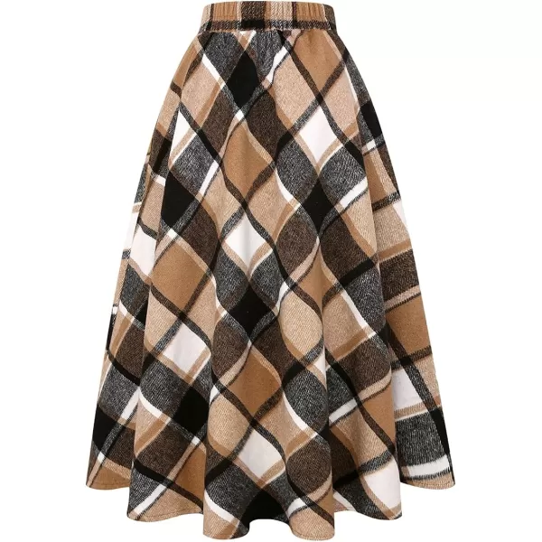 IDEALSANXUN Womens Plaid Wool Skirts Elastic Waist ALine Pleated Tartan Long SkirtsBrown
