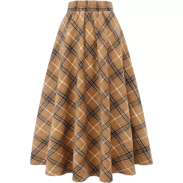 IDEALSANXUN Womens Plaid Wool Skirts Elastic Waist ALine Pleated Tartan Long SkirtsCamel