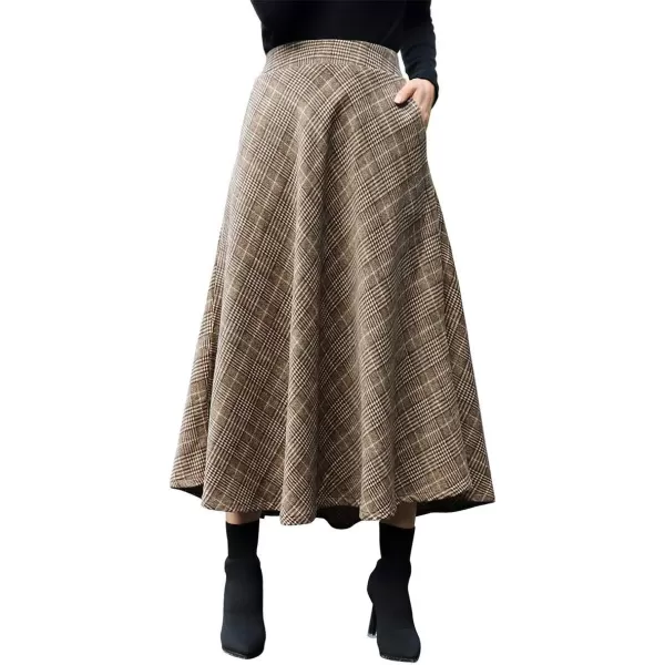 IDEALSANXUN Womens Plaid Wool Skirts Elastic Waist ALine Pleated Tartan Long SkirtsCoffee