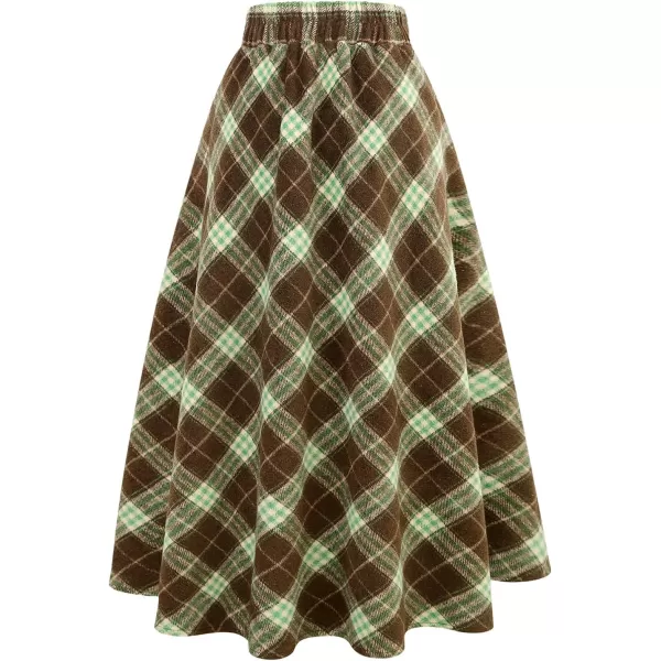 IDEALSANXUN Womens Plaid Wool Skirts Elastic Waist ALine Pleated Tartan Long SkirtsGreen Brown