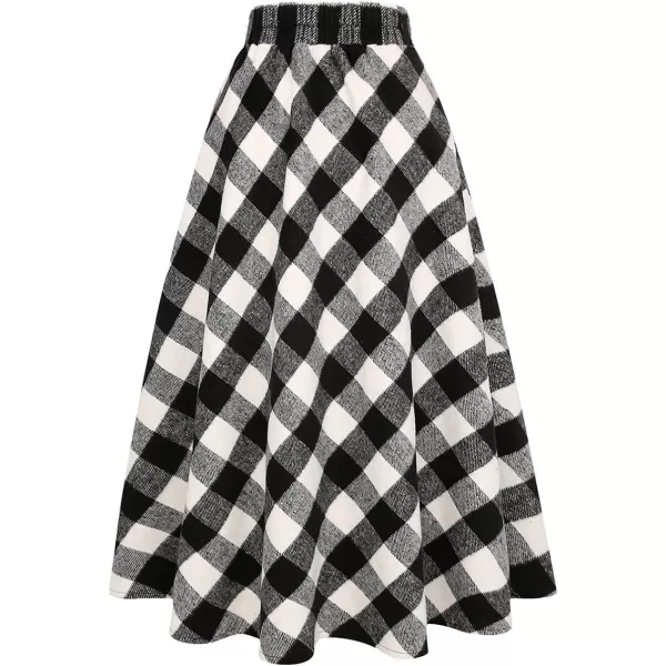 IDEALSANXUN Womens Plaid Wool Skirts Elastic Waist ALine Pleated Tartan Long SkirtsLong Blackampwhite