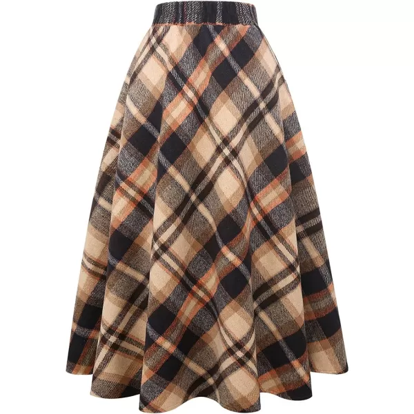 IDEALSANXUN Womens Plaid Wool Skirts Elastic Waist ALine Pleated Tartan Long SkirtsLong Brown