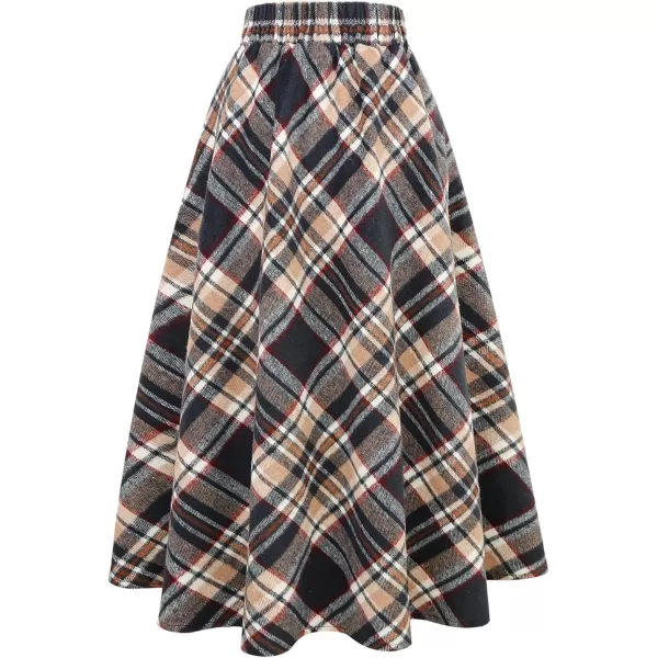 IDEALSANXUN Womens Plaid Wool Skirts Elastic Waist ALine Pleated Tartan Long SkirtsLong Camel Navy