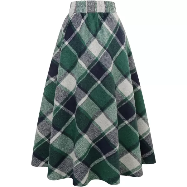 IDEALSANXUN Womens Plaid Wool Skirts Elastic Waist ALine Pleated Tartan Long SkirtsLong Green 02