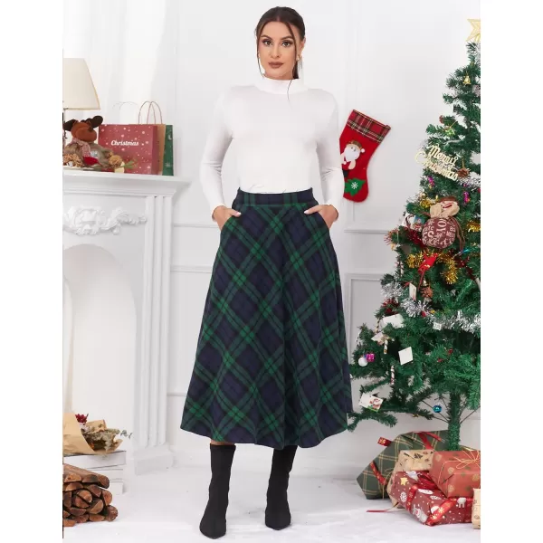 IDEALSANXUN Womens Plaid Wool Skirts Elastic Waist ALine Pleated Tartan Long SkirtsLong Green