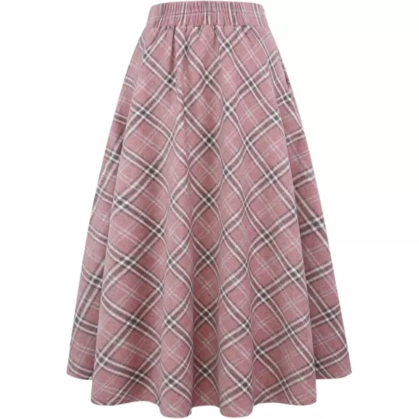 IDEALSANXUN Womens Plaid Wool Skirts Elastic Waist ALine Pleated Tartan Long SkirtsLong Pink