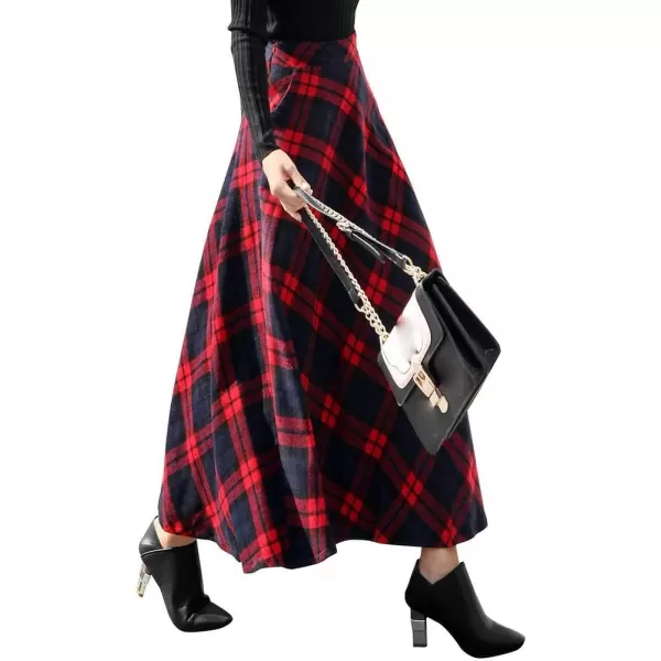 IDEALSANXUN Womens Plaid Wool Skirts Elastic Waist ALine Pleated Tartan Long SkirtsLong Red