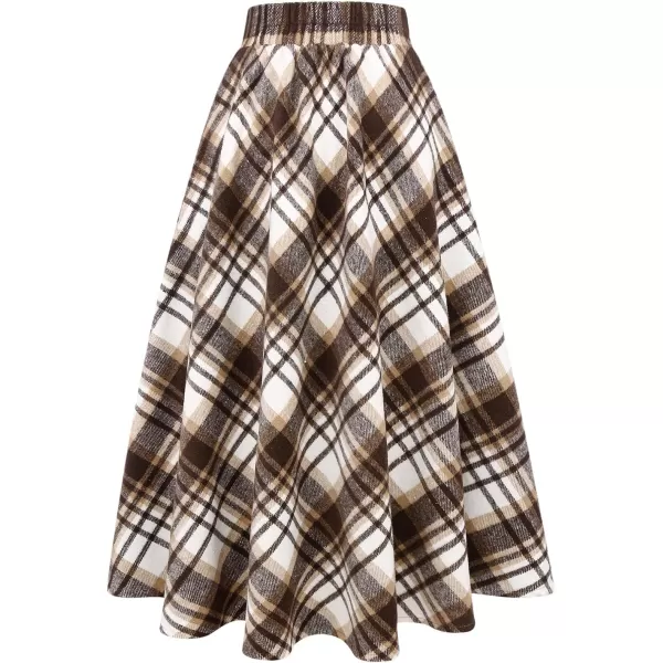 IDEALSANXUN Womens Plaid Wool Skirts Elastic Waist ALine Pleated Tartan Long SkirtsLong White Brown 01