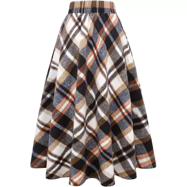 IDEALSANXUN Womens Plaid Wool Skirts Elastic Waist ALine Pleated Tartan Long SkirtsLong White Brown