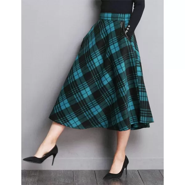 IDEALSANXUN Womens Plaid Wool Skirts Elastic Waist ALine Pleated Tartan Long SkirtsMidcalf Blue