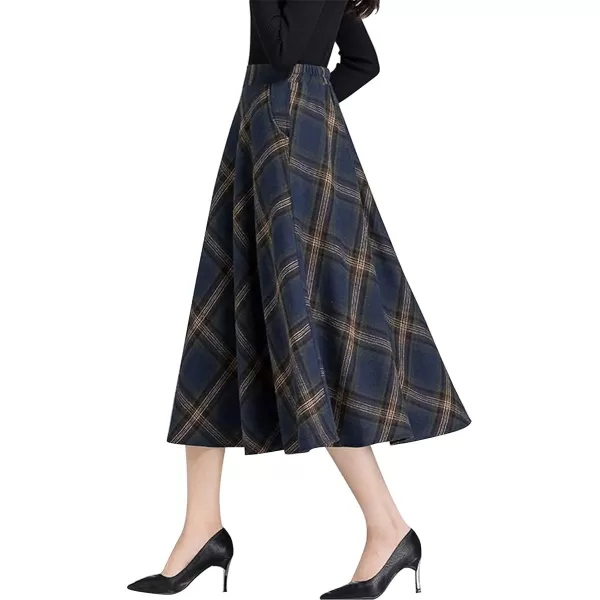 IDEALSANXUN Womens Plaid Wool Skirts Elastic Waist ALine Pleated Tartan Long SkirtsMidcalf Navy