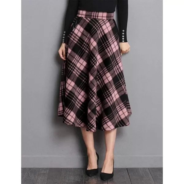 IDEALSANXUN Womens Plaid Wool Skirts Elastic Waist ALine Pleated Tartan Long SkirtsMidcalf Pink