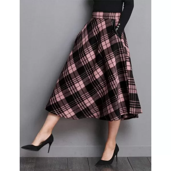 IDEALSANXUN Womens Plaid Wool Skirts Elastic Waist ALine Pleated Tartan Long SkirtsMidcalf Pink