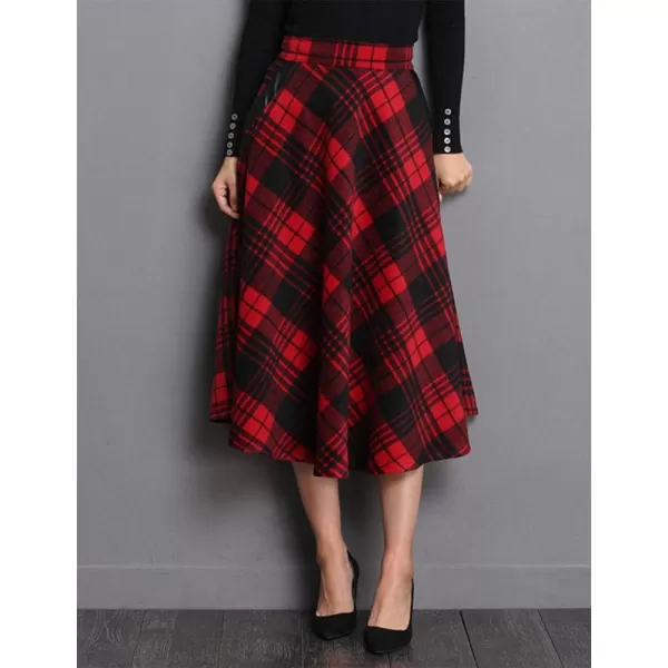 IDEALSANXUN Womens Plaid Wool Skirts Elastic Waist ALine Pleated Tartan Long SkirtsMidcalf Red