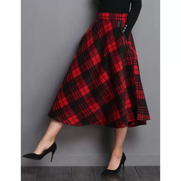 IDEALSANXUN Womens Plaid Wool Skirts Elastic Waist ALine Pleated Tartan Long SkirtsMidcalf Red