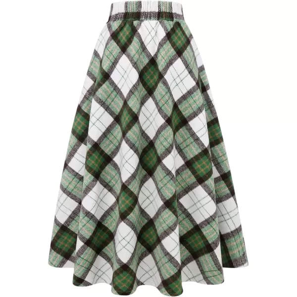 IDEALSANXUN Womens Plaid Wool Skirts Elastic Waist ALine Pleated Tartan Long SkirtsWhite Green