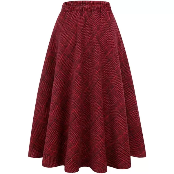 IDEALSANXUN Womens Plaid Wool Skirts Elastic Waist ALine Pleated Tartan Long SkirtsWine