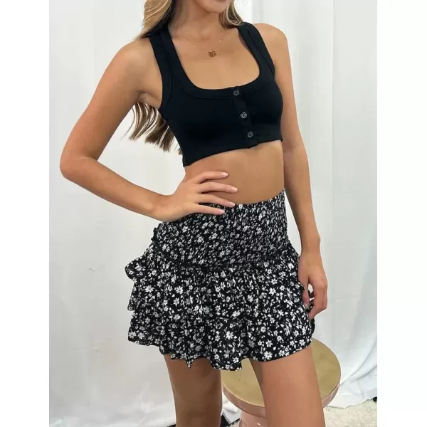 IDEALSANXUN Womens Pleated Mini Skirts Summer High Waisted A Line Beach Short Sexy Flowy Boho Layered Ruffle SkirtBlack