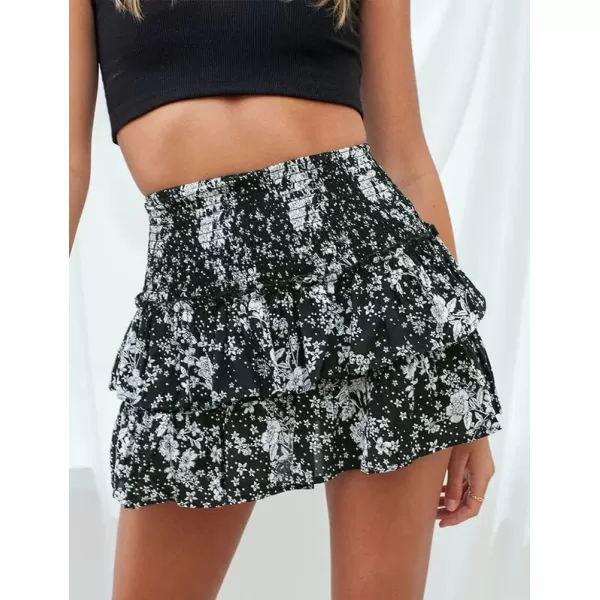 IDEALSANXUN Womens Pleated Mini Skirts Summer High Waisted A Line Beach Short Sexy Flowy Boho Layered Ruffle SkirtBlack06
