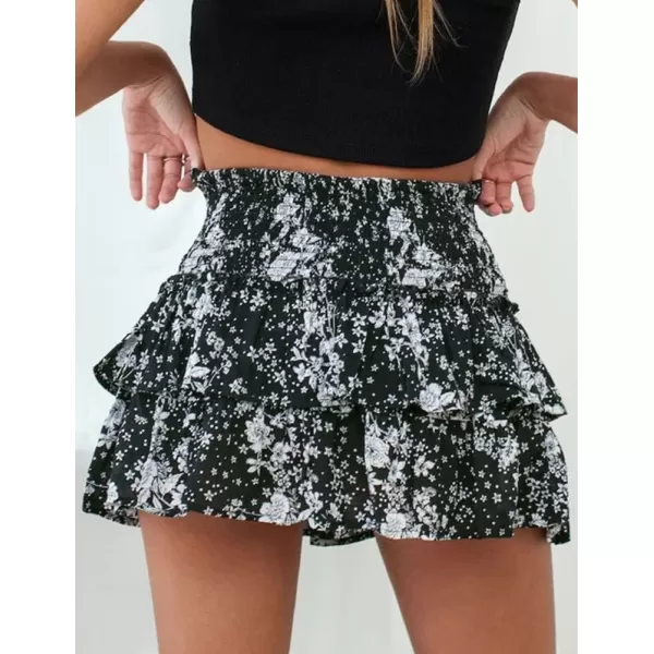 IDEALSANXUN Womens Pleated Mini Skirts Summer High Waisted A Line Beach Short Sexy Flowy Boho Layered Ruffle SkirtBlack06