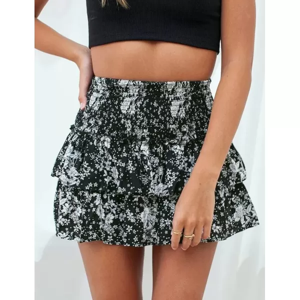 IDEALSANXUN Womens Pleated Mini Skirts Summer High Waisted A Line Beach Short Sexy Flowy Boho Layered Ruffle SkirtBlack06