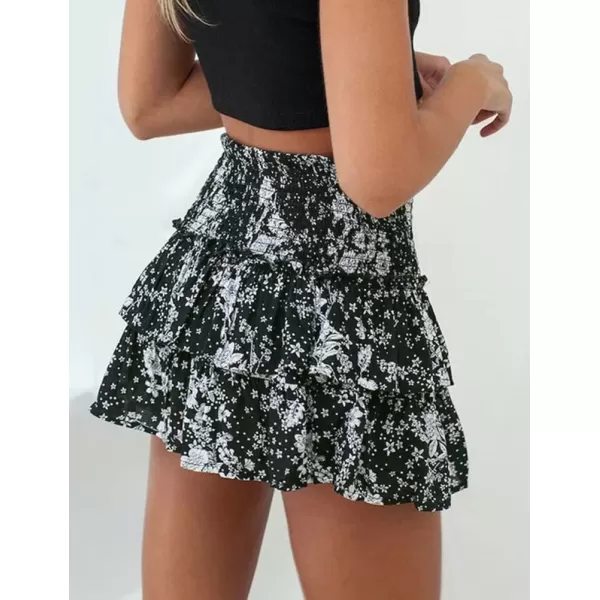 IDEALSANXUN Womens Pleated Mini Skirts Summer High Waisted A Line Beach Short Sexy Flowy Boho Layered Ruffle SkirtBlack06