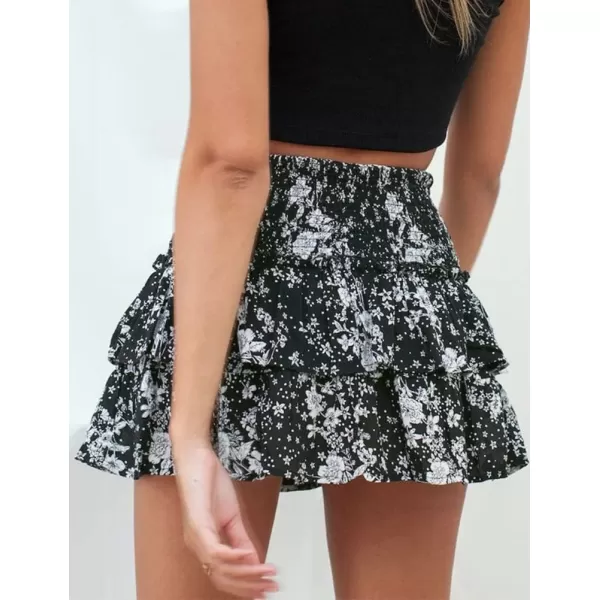 IDEALSANXUN Womens Pleated Mini Skirts Summer High Waisted A Line Beach Short Sexy Flowy Boho Layered Ruffle SkirtBlack06