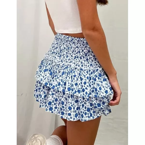 IDEALSANXUN Womens Pleated Mini Skirts Summer High Waisted A Line Beach Short Sexy Flowy Boho Layered Ruffle SkirtBlue03