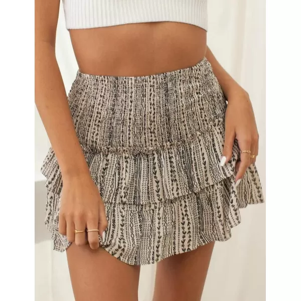 IDEALSANXUN Womens Pleated Mini Skirts Summer High Waisted A Line Beach Short Sexy Flowy Boho Layered Ruffle SkirtKhaki