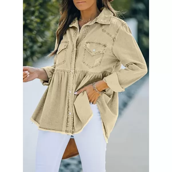 IDEALSANXUN Womens Ripped Denim Shirts Shacket Long Sleeve Oversized Raw Hem Jean JacketBeige