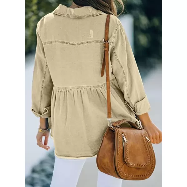 IDEALSANXUN Womens Ripped Denim Shirts Shacket Long Sleeve Oversized Raw Hem Jean JacketBeige