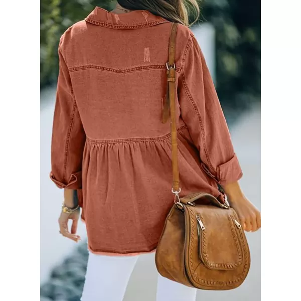 IDEALSANXUN Womens Ripped Denim Shirts Shacket Long Sleeve Oversized Raw Hem Jean JacketOrange