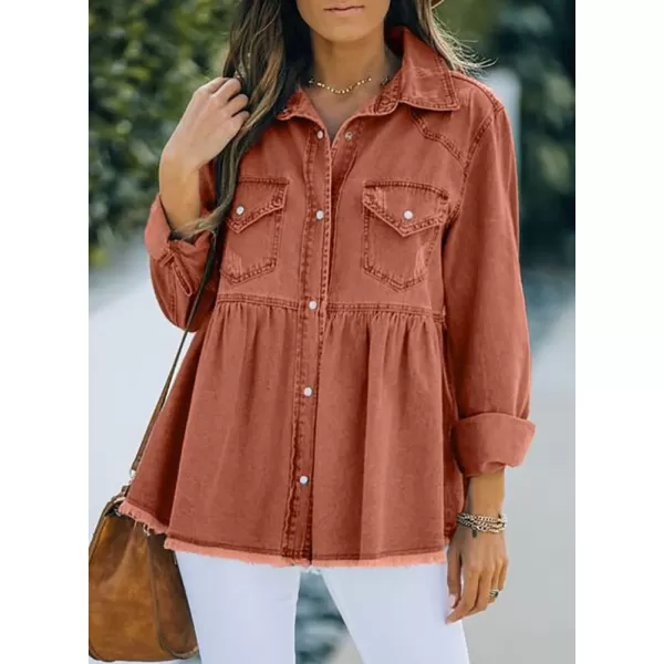 IDEALSANXUN Womens Ripped Denim Shirts Shacket Long Sleeve Oversized Raw Hem Jean JacketOrange
