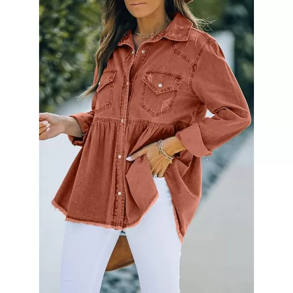 IDEALSANXUN Womens Ripped Denim Shirts Shacket Long Sleeve Oversized Raw Hem Jean JacketOrange