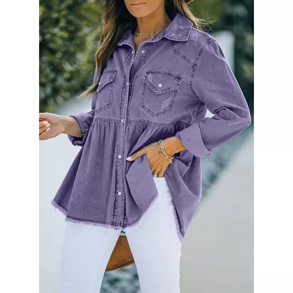 IDEALSANXUN Womens Ripped Denim Shirts Shacket Long Sleeve Oversized Raw Hem Jean JacketPurple