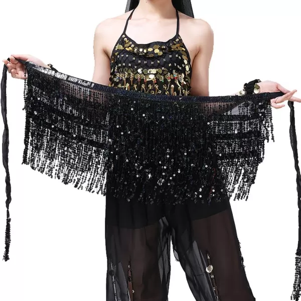 IDEALSANXUN Womens Sequin Skirts Tassel Sparkly Wrap Belly Dance Hip Skirt Rave OutfitsBlack