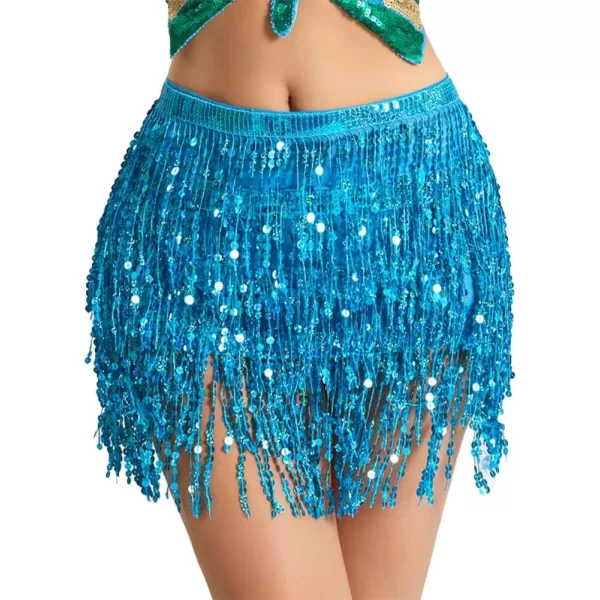 IDEALSANXUN Womens Sequin Skirts Tassel Sparkly Wrap Belly Dance Hip Skirt Rave OutfitsBlue