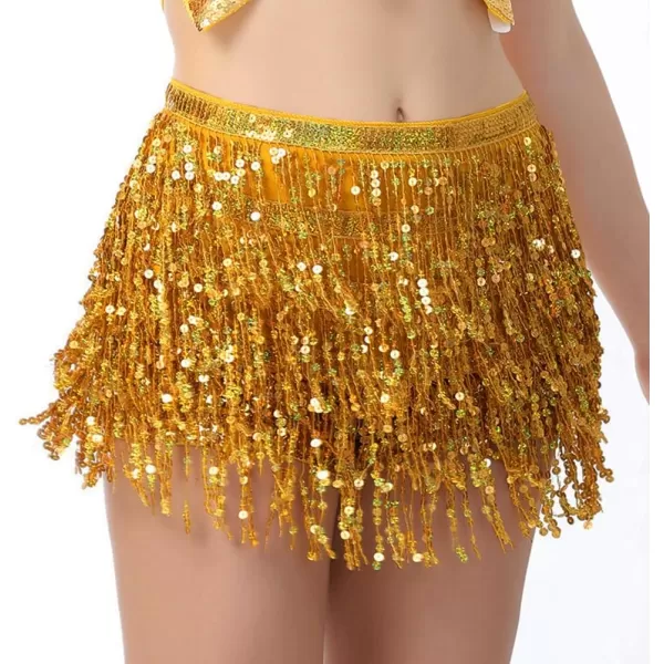 IDEALSANXUN Womens Sequin Skirts Tassel Sparkly Wrap Belly Dance Hip Skirt Rave OutfitsGold