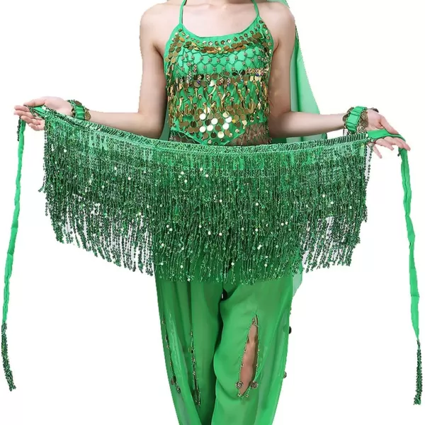 IDEALSANXUN Womens Sequin Skirts Tassel Sparkly Wrap Belly Dance Hip Skirt Rave OutfitsGreen