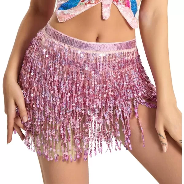 IDEALSANXUN Womens Sequin Skirts Tassel Sparkly Wrap Belly Dance Hip Skirt Rave OutfitsPink