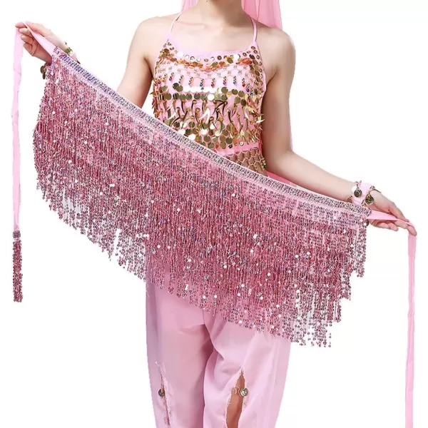 IDEALSANXUN Womens Sequin Skirts Tassel Sparkly Wrap Belly Dance Hip Skirt Rave OutfitsPink