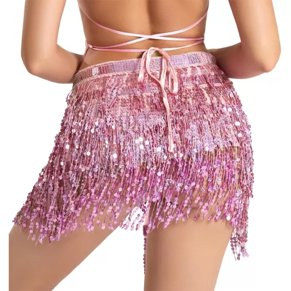 IDEALSANXUN Womens Sequin Skirts Tassel Sparkly Wrap Belly Dance Hip Skirt Rave OutfitsPink