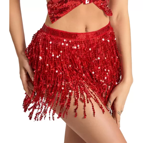 IDEALSANXUN Womens Sequin Skirts Tassel Sparkly Wrap Belly Dance Hip Skirt Rave OutfitsRed